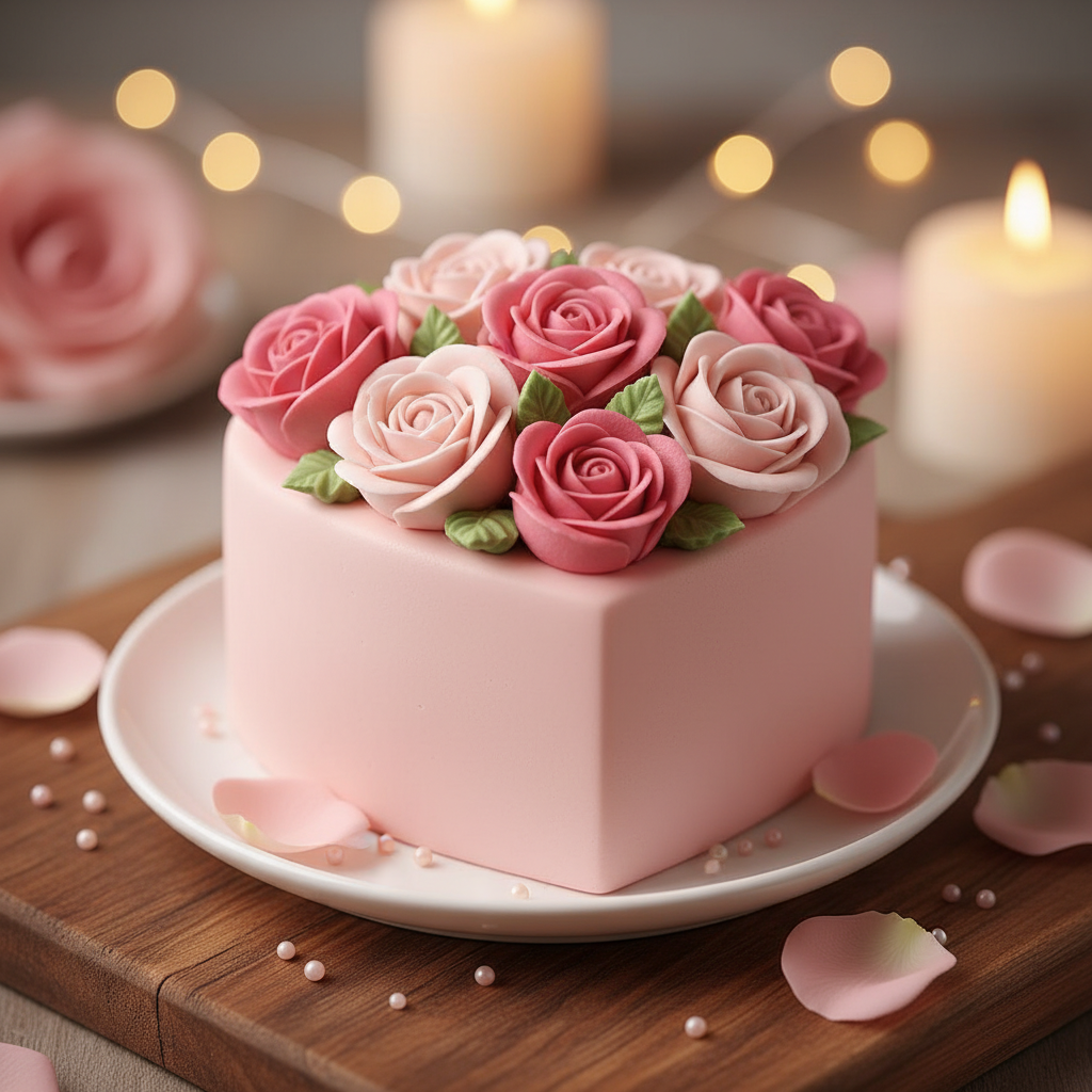 Pink bento cake with heart shape and cream roses