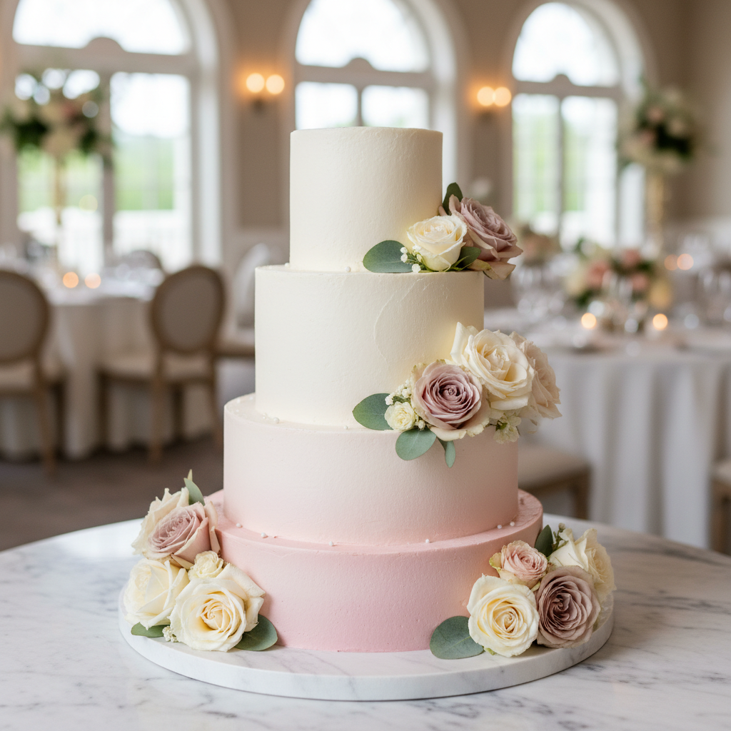 Elegant white and pink wedding cake with fresh flowers