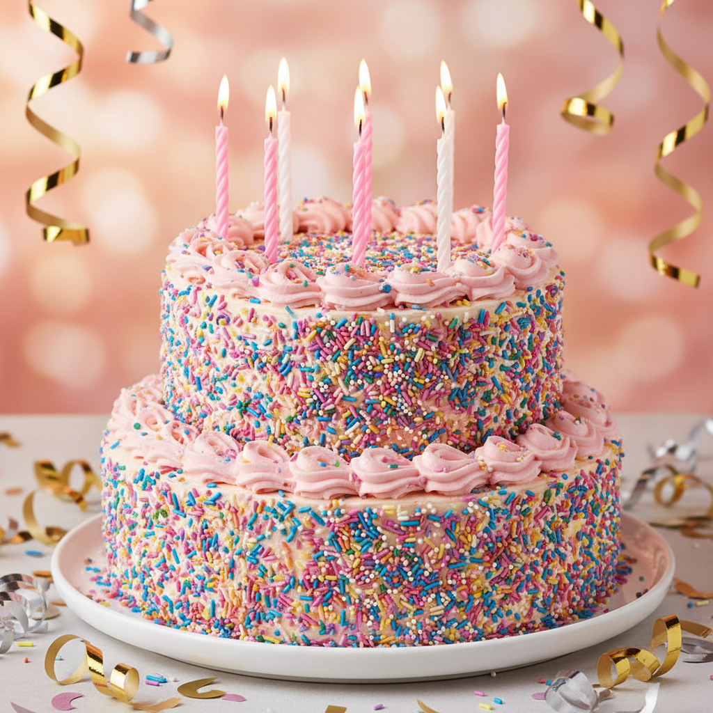 Pink birthday cake with number candles and sprinkles