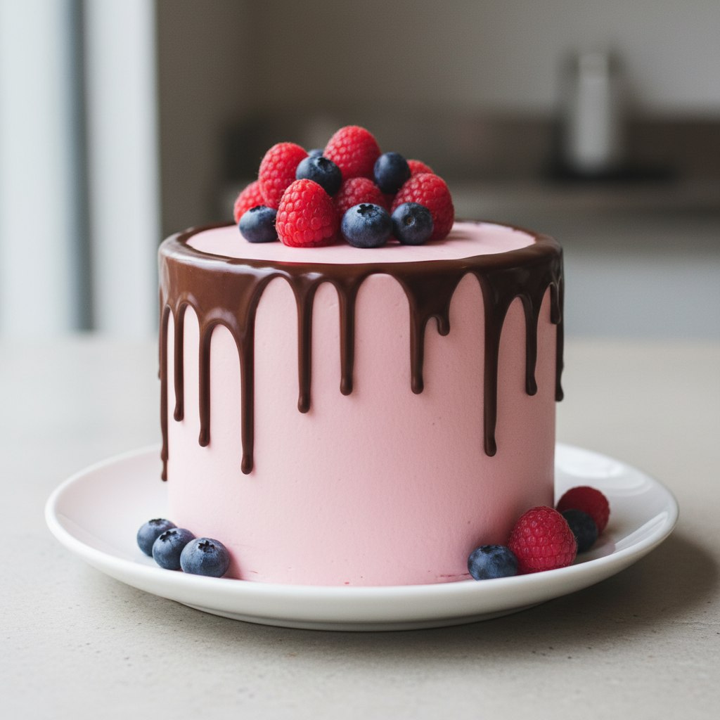 Minimalist bento cake with chocolate drip and berries