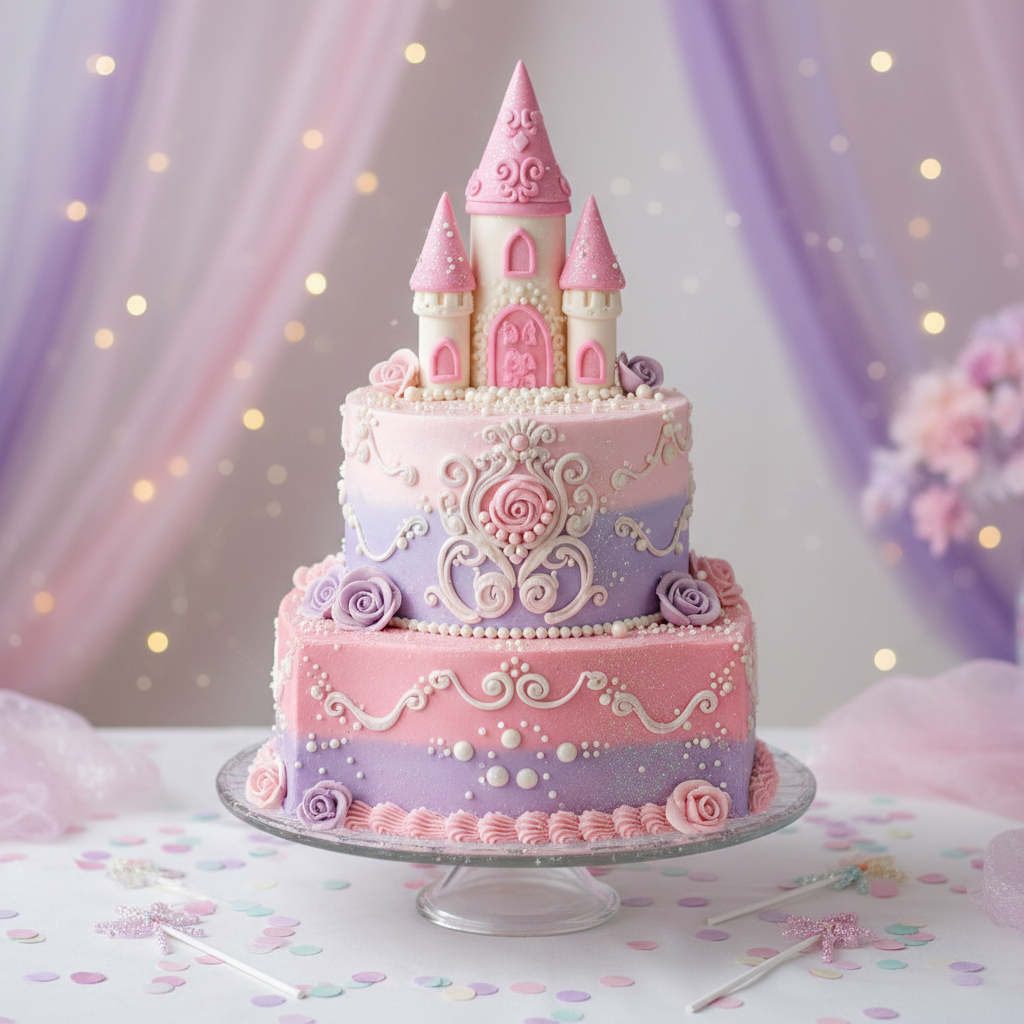 Cute pink princess castle cake for girls birthday