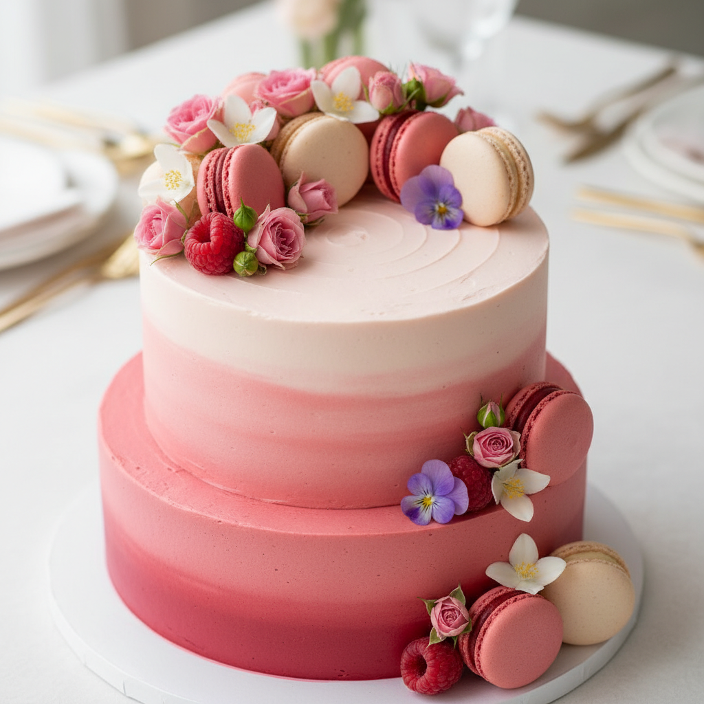 Elegant pink ombre cake with macarons and flowers